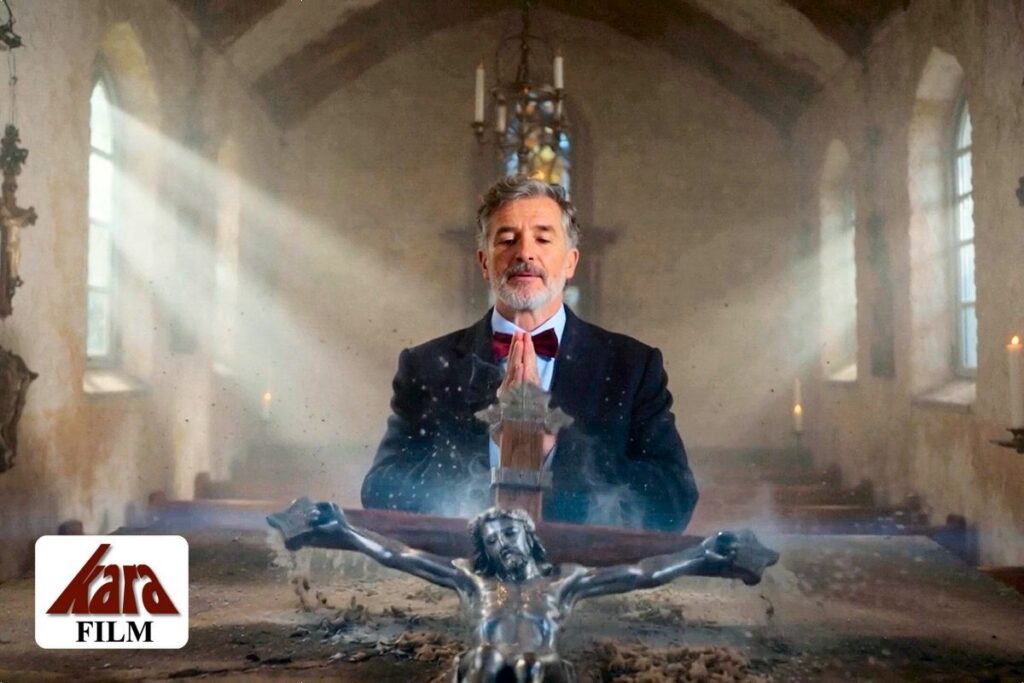 Sonnenstrahlen fallen durch Kirchenfenster auf ein Kreuz