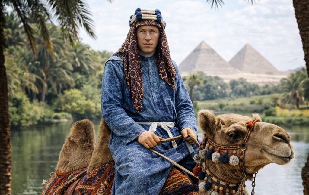 Lawrence von Arabien auf einem Kamel in Akaba 1917 – Symbol für Macht, Krieg und geopolitische Strategien