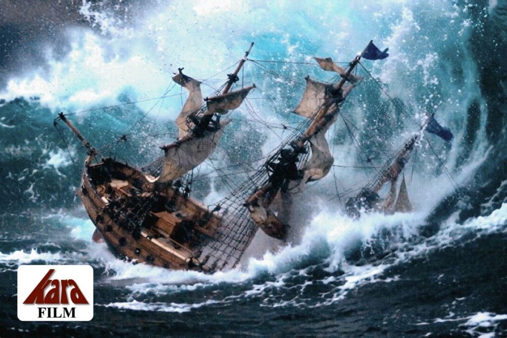 Frachtsegler im Sturm aus dem Schattenmächte Fantasy-Universum